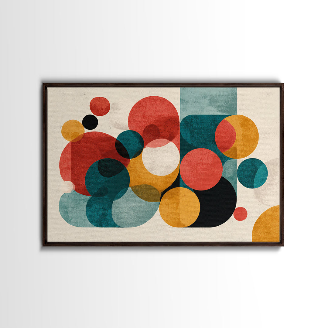 Red Teal Mustard Circle Wall Art, Midcentury Abstract Canvas Print, Geometric Shapes Art, Modern Home Decor, Office Decor