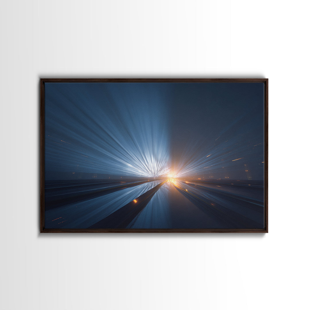 Dark Blue Highway Light Burst Canvas Print, Modern Abstract Art, Futuristic Wall Decor, Masculine Office Poster Print Gift