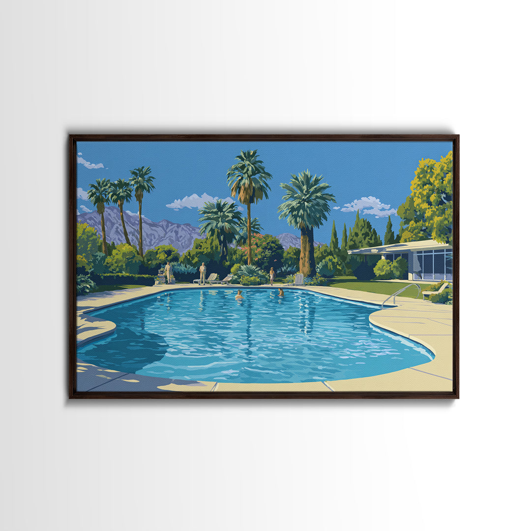 Palm Springs Swimming Pool Framed Canvas Print, Mid Century Modern Wall Art, California Travel Poster, Retro Home Decor Print