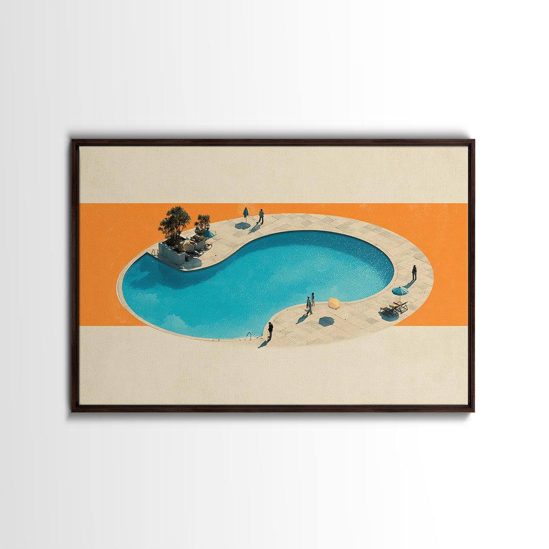 Aerial Kidney Pool With Orange Field Wall Art, Mid Century Modern Canvas Print, Minimalist Retro Home Decor, Pool Poster