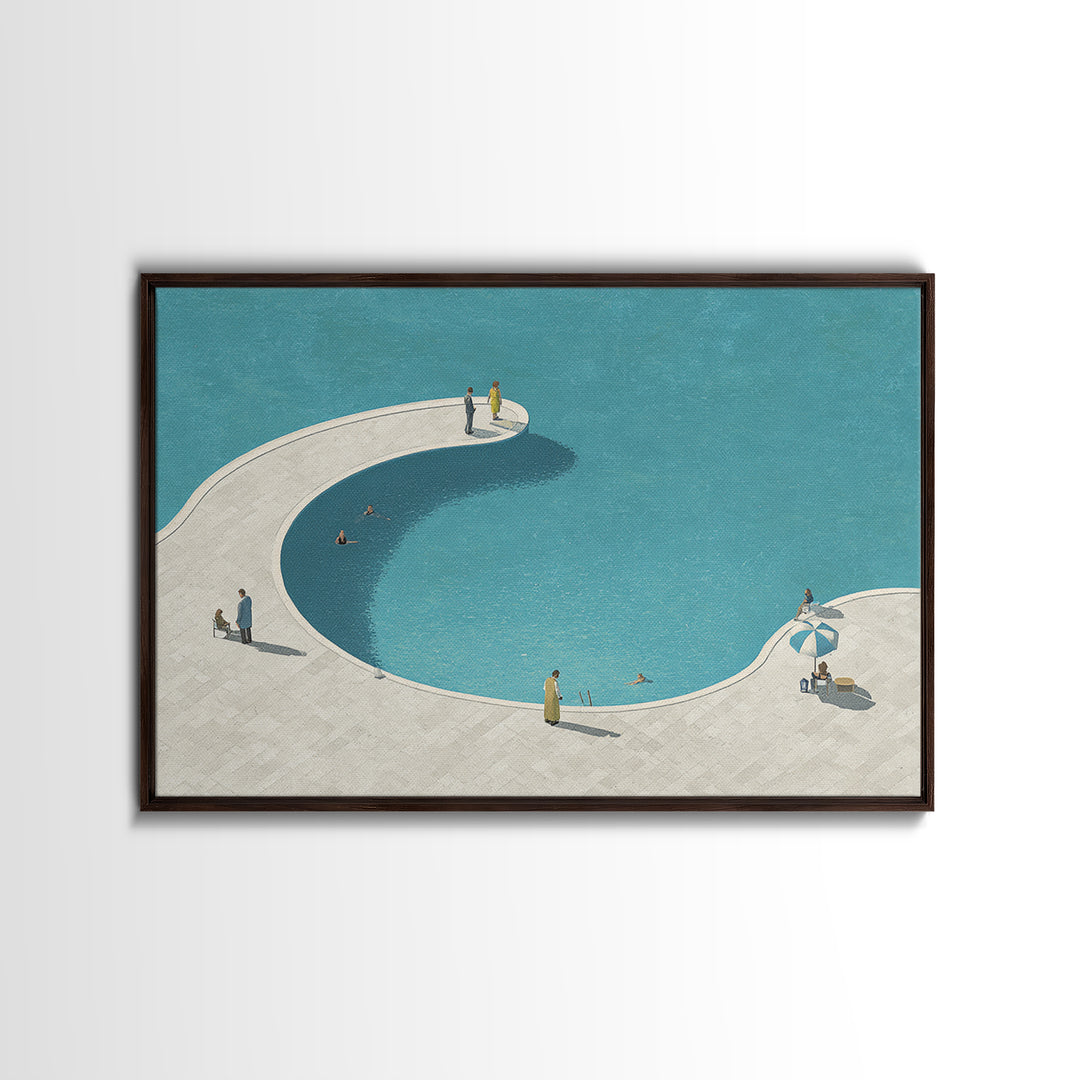 Minimal Curved Pool And Sunbathers Canvas Print, Mid Century Modern Wall Art, Blue Abstract Decor, Retro Summer Poster Print