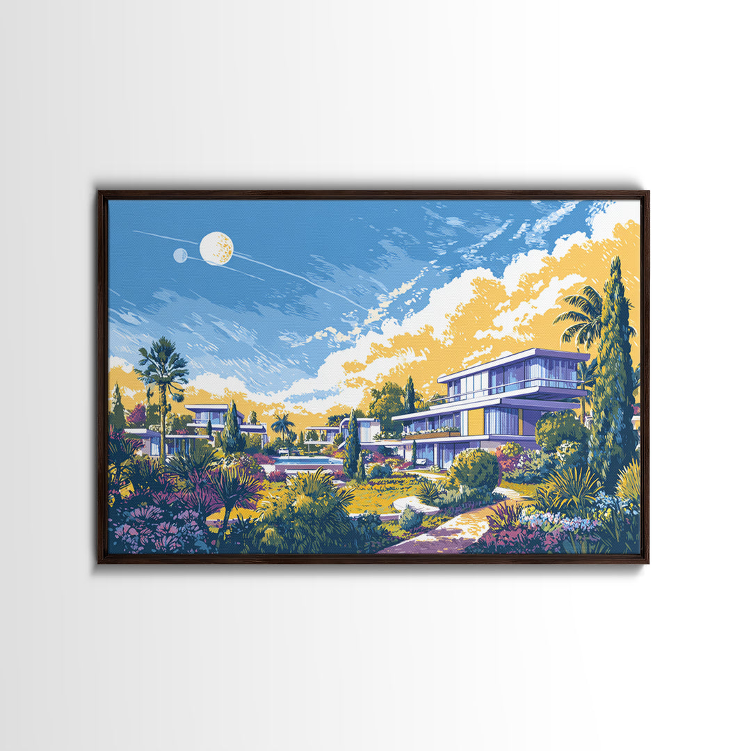 Modernist Garden Homes And Celestial Sky Canvas Print, Mid Century Modern Wall Art, Architectural Landscape Home Decor Poster