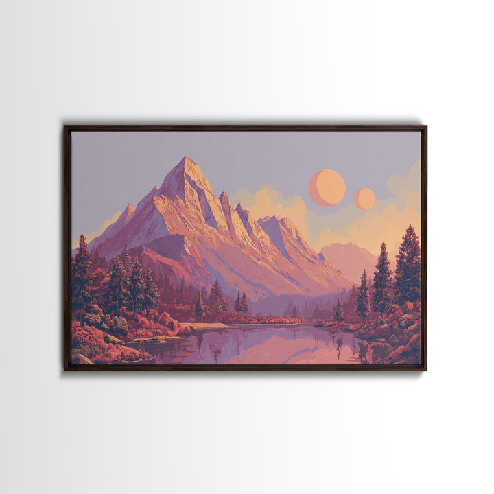 Pink Purple Alpine Lake Wall Art, Midcentury Modern Landscape Print, Retro Mountain Decor, Pastel Scenic Home Poster Gift