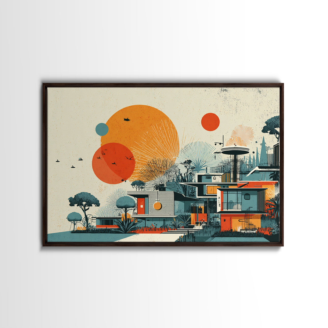 Orange Sun Modernist House And Birds Wall Art, Mid Century Modern Canvas Print, Atomic Desert Architecture Decor Poster Print