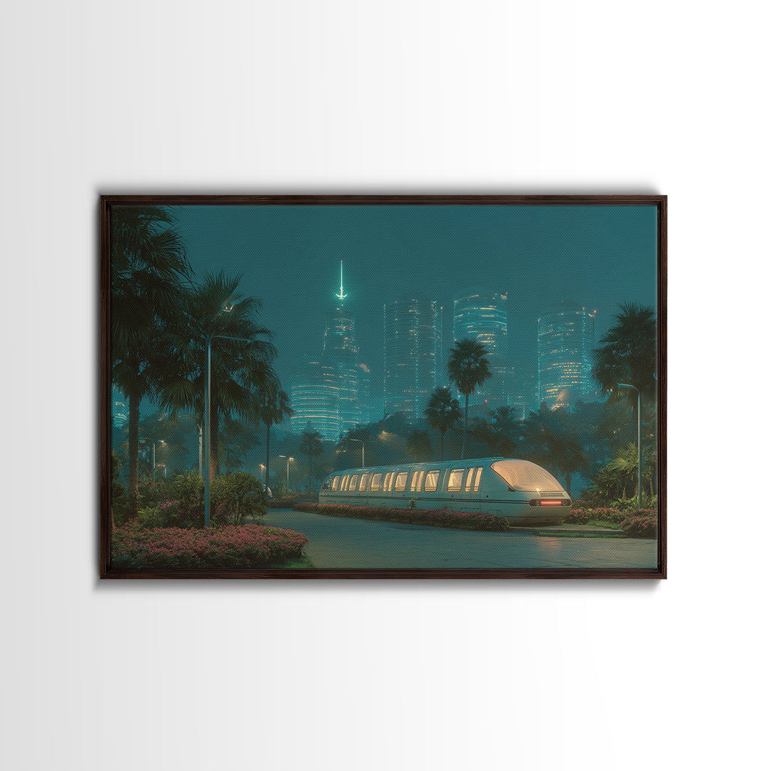 Neon Palm Monorail Futuristic Night City Wall Art, Retro Sci Fi Skyline, Teal Urban Decor, Modern Digital Art Print, For Living Room