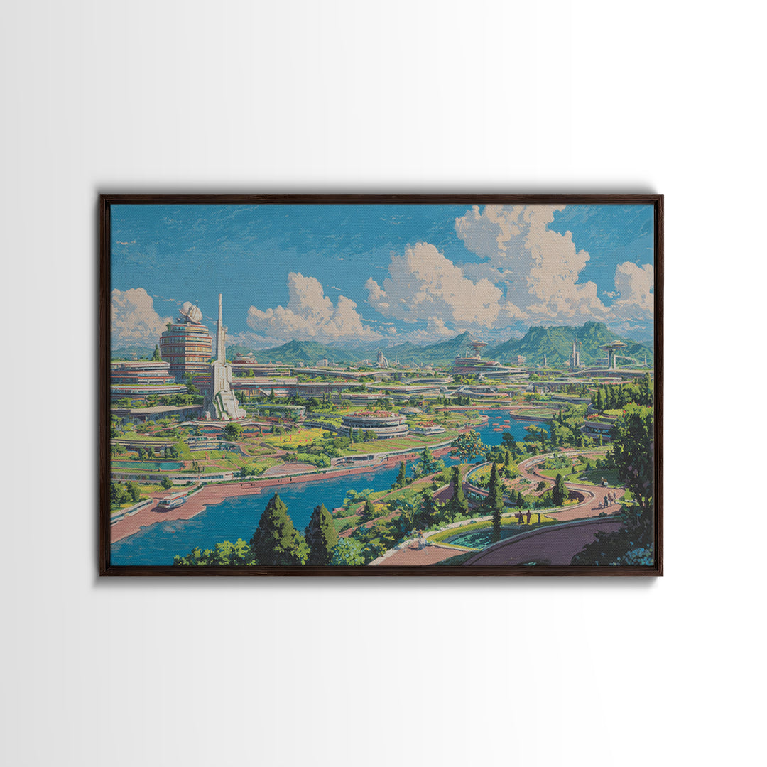 Sunny Retro Future Garden City Canvas Print, Utopian River Skyline, Mountain Landscape, Midcentury Modern Wall Decor Print