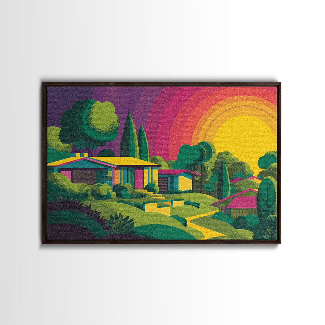Colorful Midcentury Hillside Home Sunset Wall Art, Retro Palm Springs Decor, MCM Architecture Print, Groovy 70s Art Poster