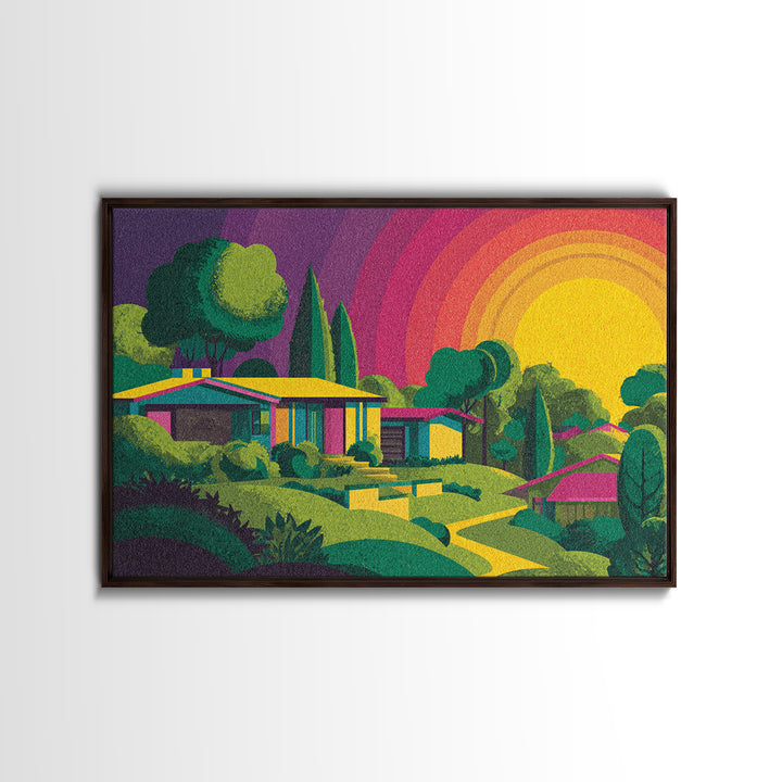 Colorful Midcentury Hillside Home Sunset Wall Art, Retro Palm Springs Decor, MCM Architecture Print, Groovy 70s Art Poster