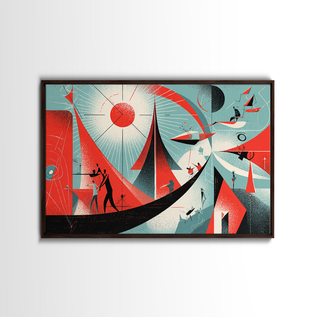Red Atomic Sailboats And Cosmic Figures Canvas Print, Midcentury Abstract Wall Art, Bauhaus Geometric Retro Poster Decor