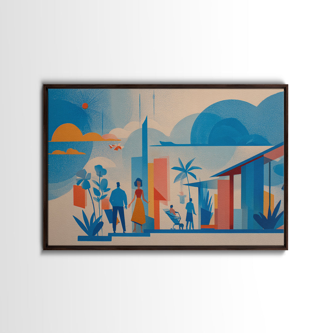 Pastel Family At Modernist Home Framed Canvas Print, Midcentury Wall Art, Scandinavian Blue Decor, Nursery Room Art Poster