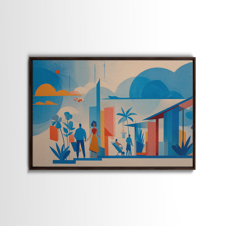 Pastel Family At Modernist Home Framed Canvas Print, Midcentury Wall Art, Scandinavian Blue Decor, Nursery Room Art Poster