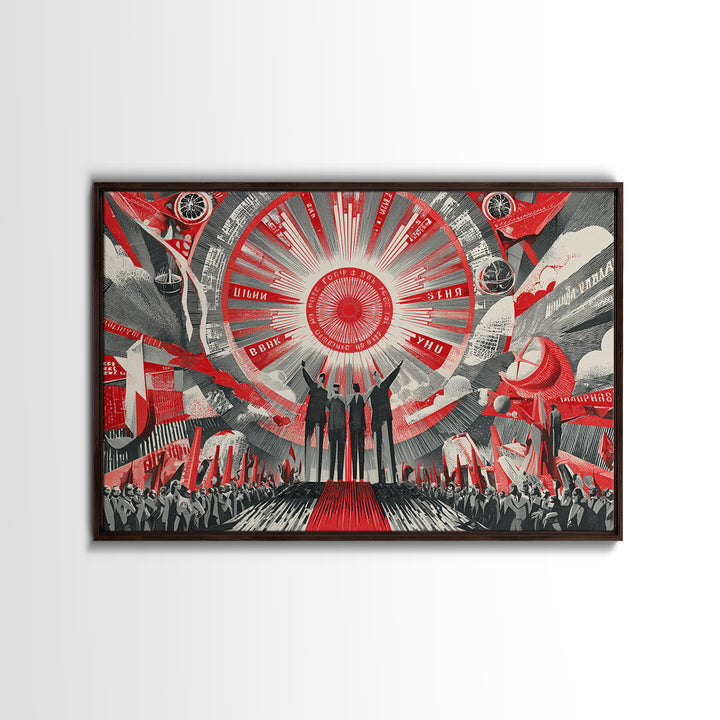 Red Futurist Rally With Rockets And Crowd Wall Art, Soviet Style Space Poster, Retro Sci Fi Propaganda Canvas Print Decor
