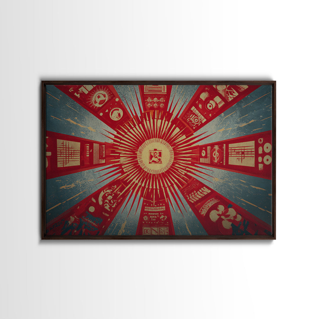 Radial Soviet Science Panels And Red Star Wall Art, Retro Futurist Propaganda Poster, Modern Geometric Canvas Print Decor