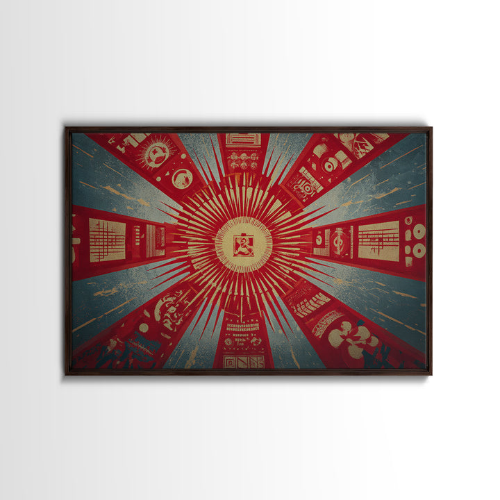 Radial Soviet Science Panels And Red Star Wall Art, Retro Futurist Propaganda Poster, Modern Geometric Canvas Print Decor