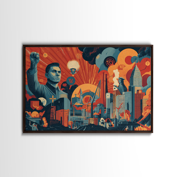 Heroic Retro Futurist Industrial City Wall Art, Midcentury Modern Poster, Bold Orange Teal Sci Fi Canvas Print Office Decor