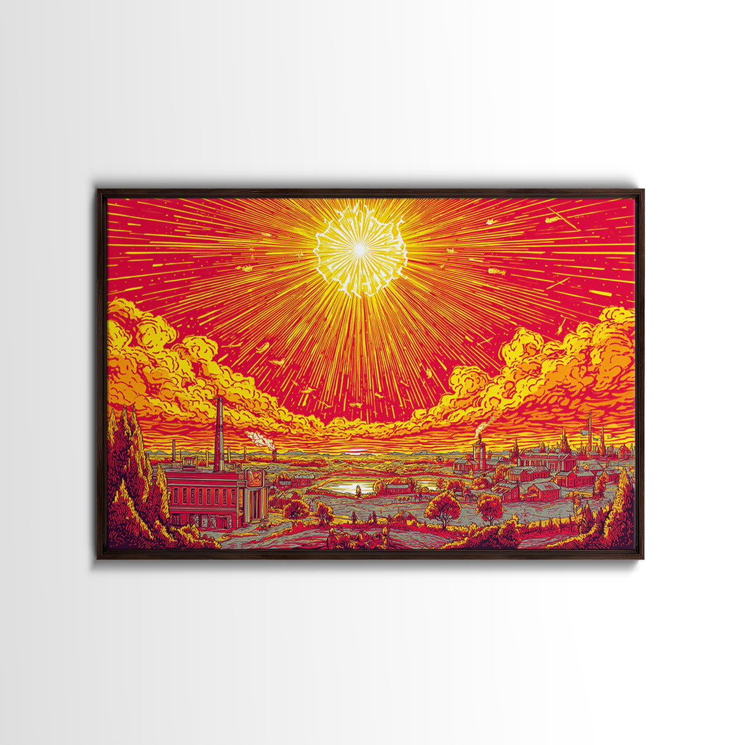 Radiant Industrial Sunburst City Wall Art, Retro Futurism Poster, Midcentury Modern Art, Atomic MCM Decor, Orange Print Gift