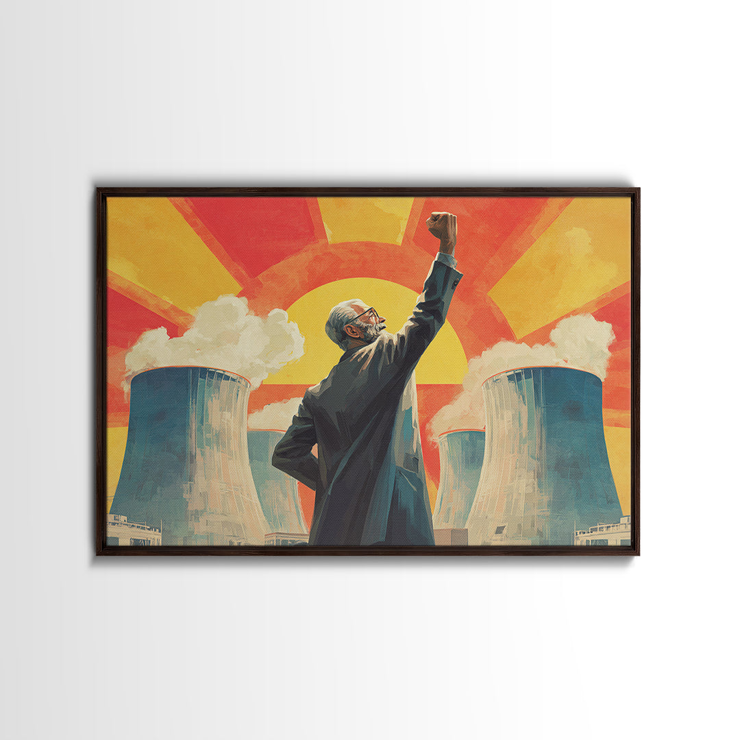 Nuclear Cooling Tower Leader Framed Canvas Print, Retro Political Poster, Midcentury Modern Wall Decor, Atomic Science Art