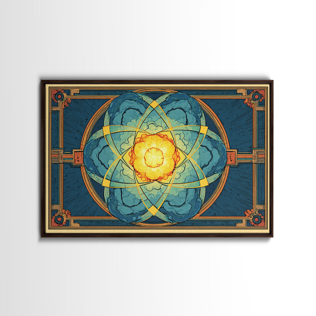 Ornate Atomic Explosion Framed Canvas Print, Art Deco Science Poster, Geometric Wall Art Decor, Midcentury Modern Print Gift