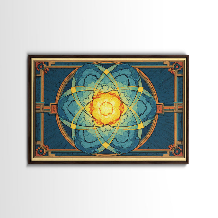 Ornate Atomic Explosion Framed Canvas Print, Art Deco Science Poster, Geometric Wall Art Decor, Midcentury Modern Print Gift