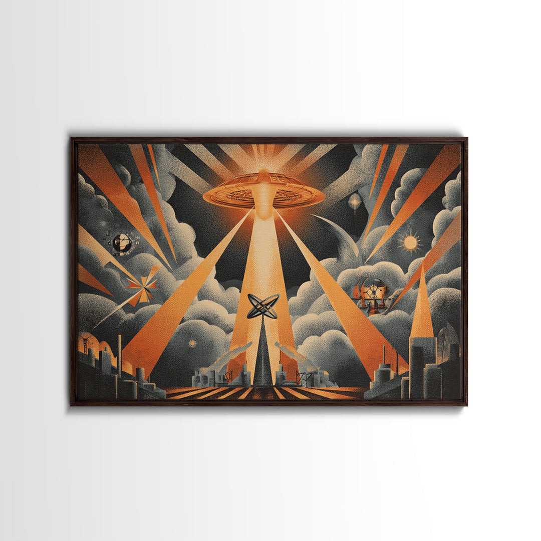 UFO Beam Over City Canvas Print, Retro Sci Fi Poster, Atomic Space Wall Art, Midcentury Modern MCM Decor, Orange Rays Print