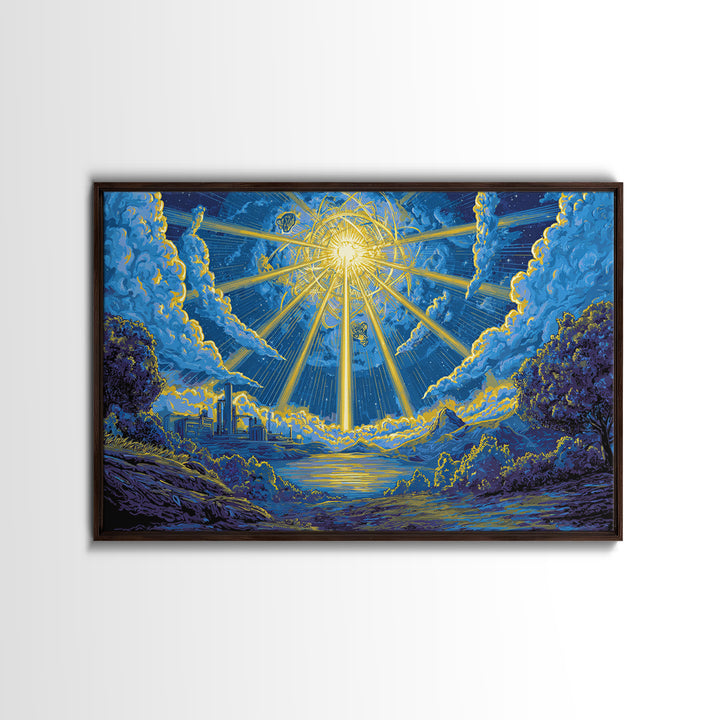 Blue Celestial Sunburst Sky Wall Art, Dreamy Cosmic Landscape Poster, Midcentury Modern Decor, Retro Spiritual Art Print