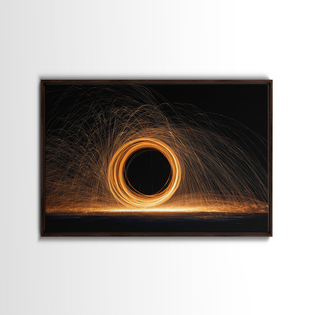 Orange Black Hole Light Trails Wall Art, Modern Abstract Art Print, Cosmic Retro Decor, Home Office Art, Framed Canvas Print