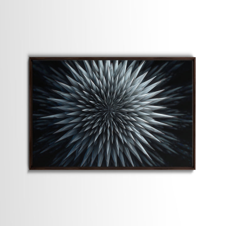 Metallic Crystal Starburst Framed Canvas Print, Modern Abstract Art, Geometric Wall Decor, Black Blue Statement Art Poster