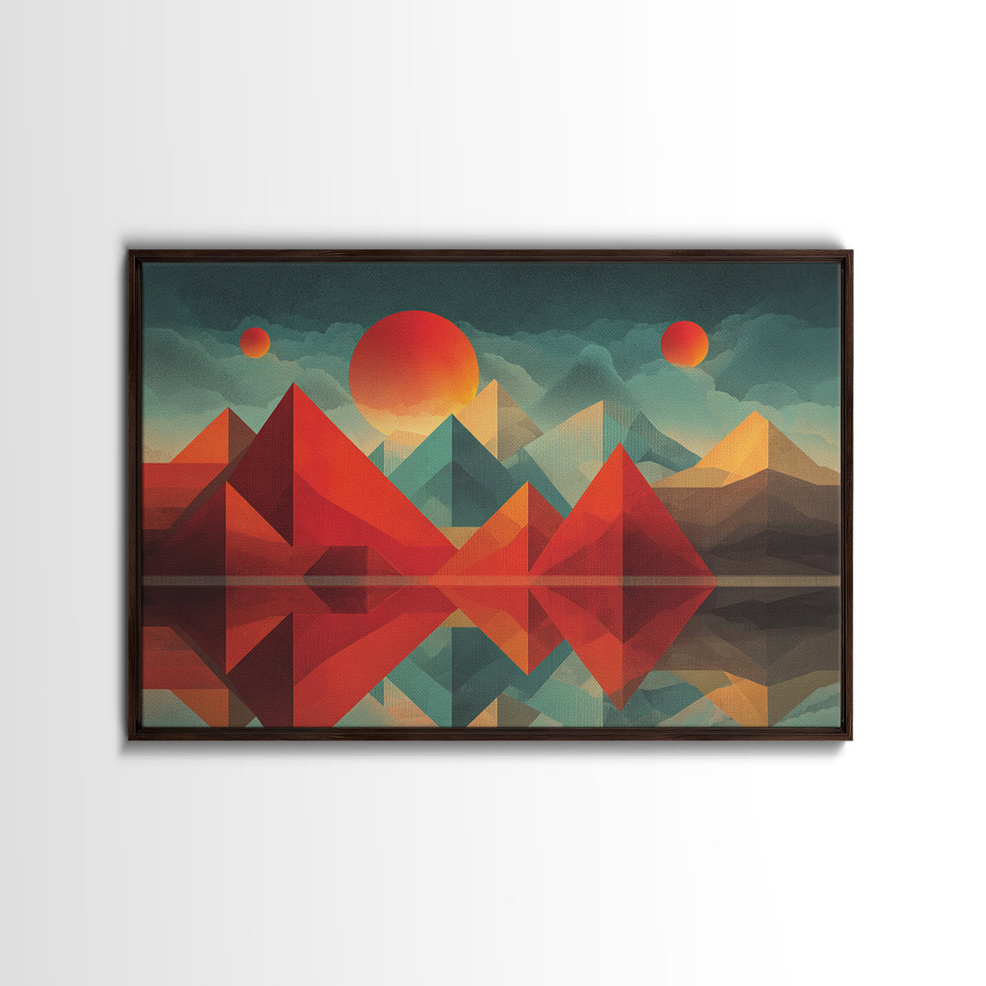 Geometric Red Pyramid Mountains Reflection Wall Art, Midcentury Modern Abstract Landscape, Retro MCM Decor, Canvas Print