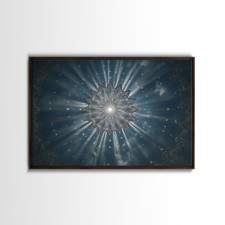 Radiant Blue Celestial Mandala Starburst Wall Art, Midcentury Modern Art Print, Atomic Retro Home Decor, Framed Canvas Print