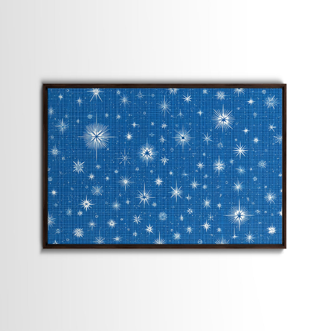 Blue Blueprint Atomic Starburst Wall Art, Midcentury Modern Art Print, Retro Geometric Pattern, Office Decor Canvas Print