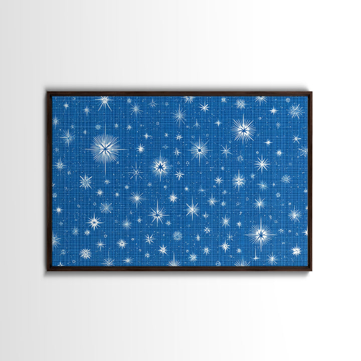 Blue Blueprint Atomic Starburst Wall Art, Midcentury Modern Art Print, Retro Geometric Pattern, Office Decor Canvas Print