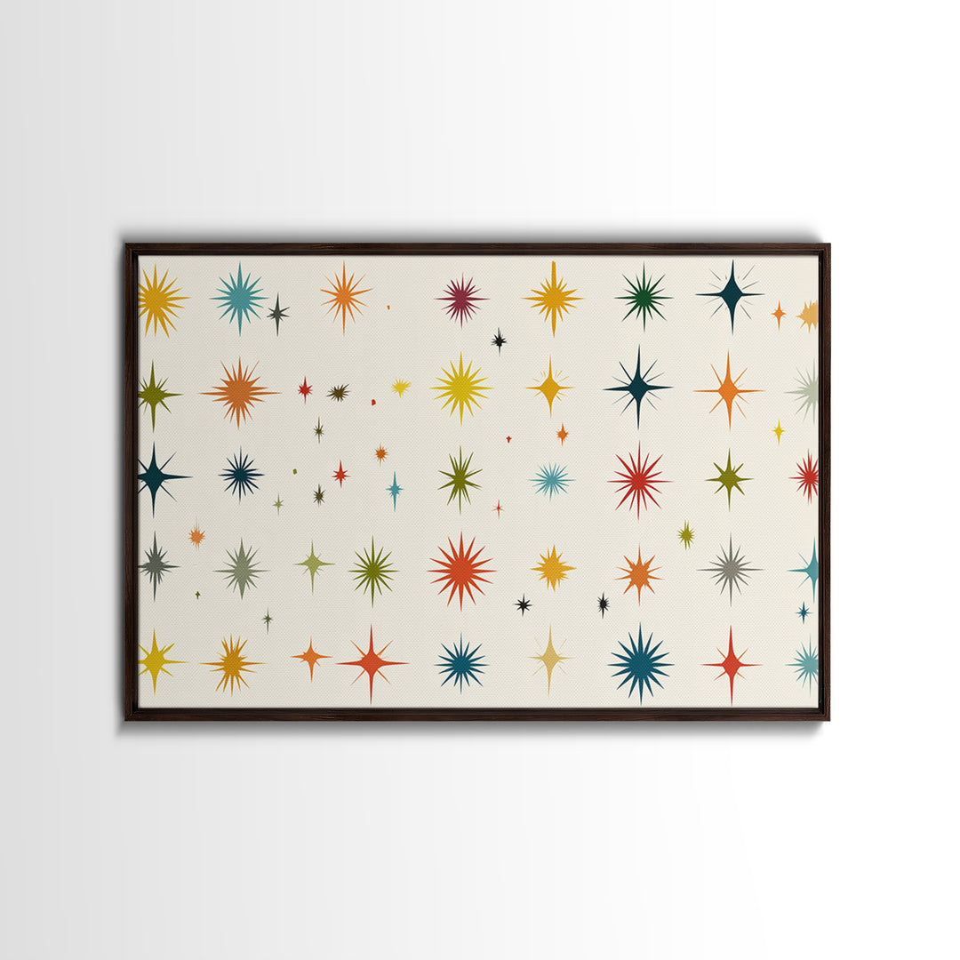 Cream Atomic Starburst Pattern Wall Art, Midcentury Modern Print, Retro 50s Colorful Home Decor, MCM Framed Canvas Print