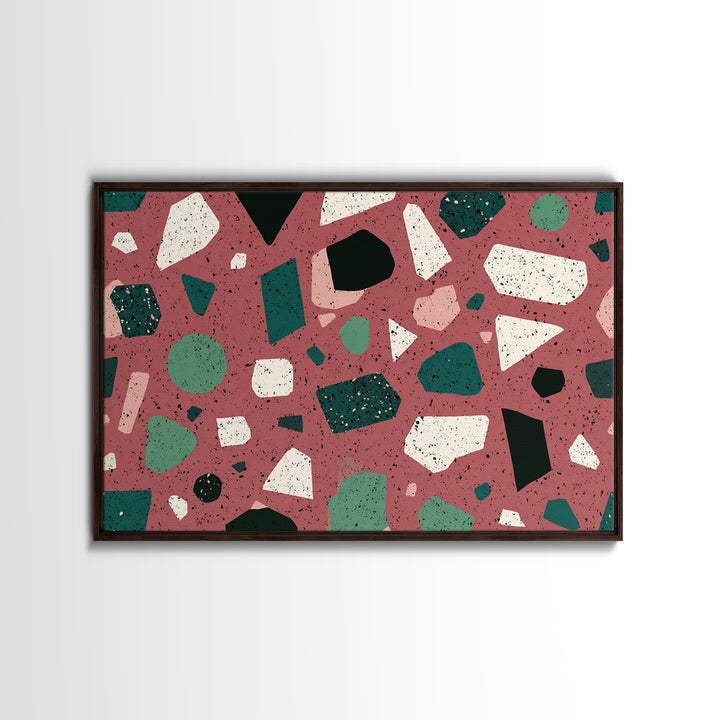 Rose Green Terrazzo Abstract Wall Art, Midcentury Modern Print, MCM Retro Geometric Pattern Home Decor, Framed Canvas Print