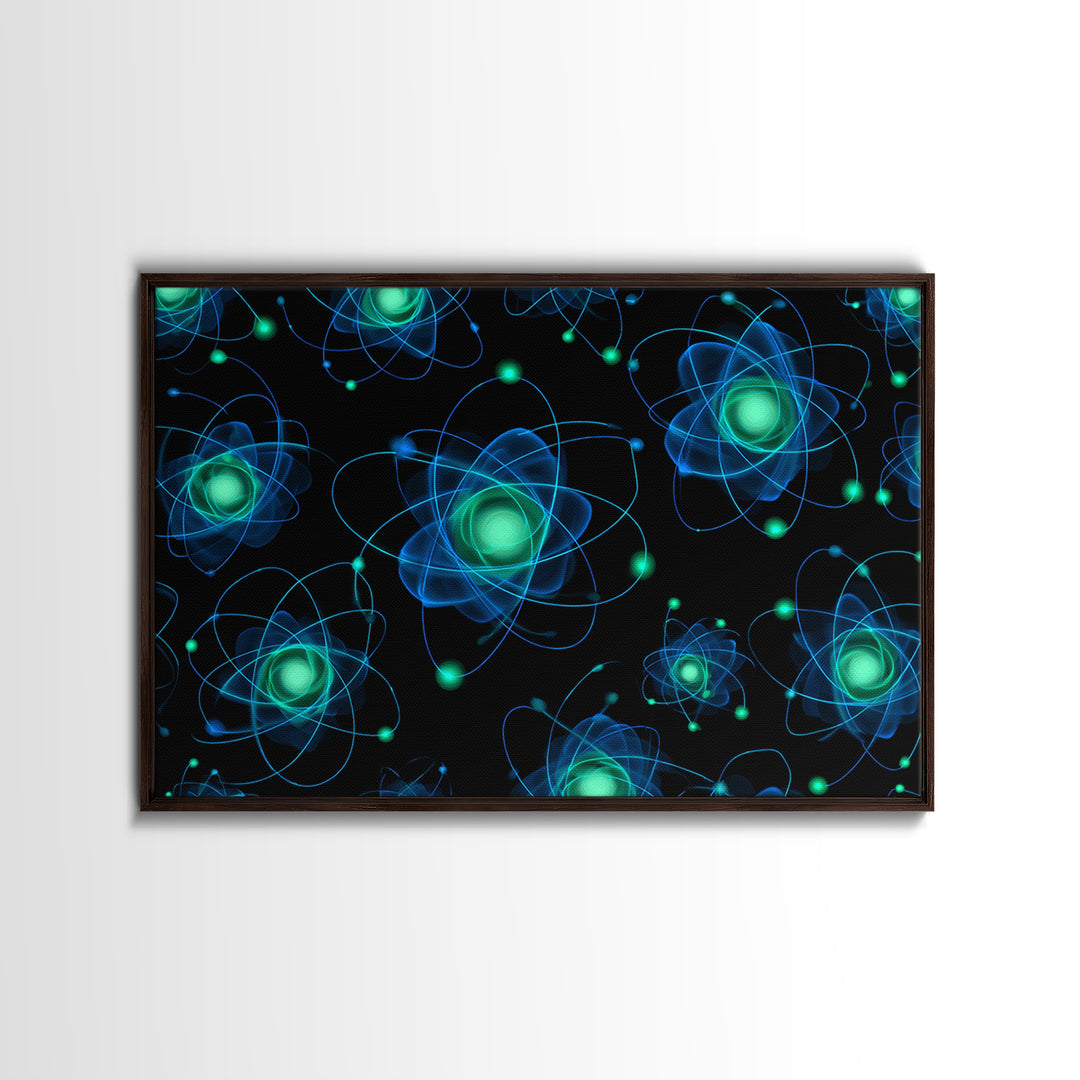 Glowing Blue Green Atomic Orbit Pattern Wall Art, Mid Century Modern Decor, Retro Sci Fi Poster, MCM Wall Decor, Geometric Art Print