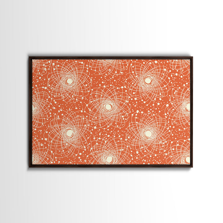 Orange White Atomic Orbit Pattern Canvas Print, Mid Century Modern Decor, Retro Science Poster, Geometric Wall Art, MCM Home Decor