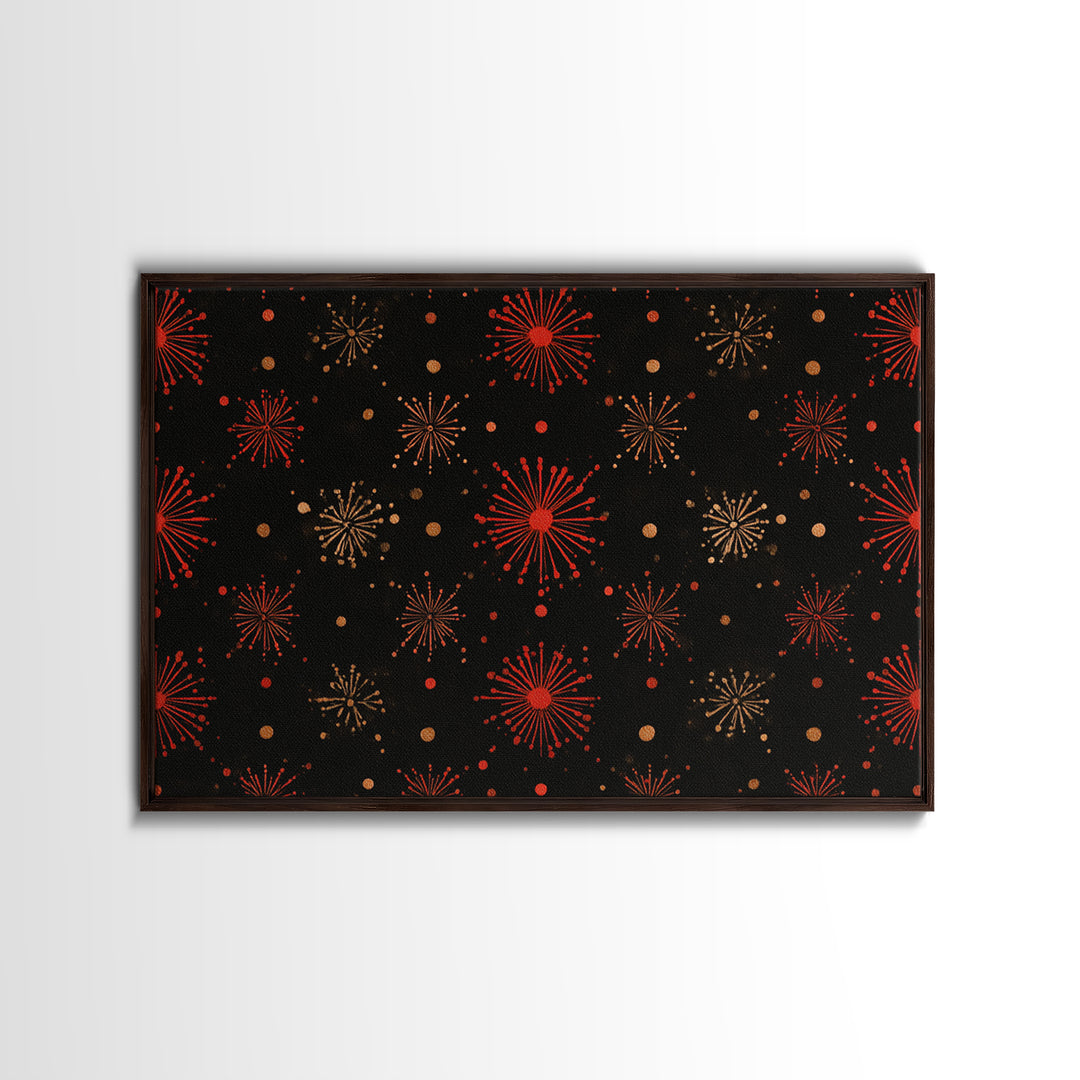 Red Gold Atomic Starburst Pattern Wall Art, Mid Century Modern Decor, Retro 1950s Poster, Black Wall Decor, MCM Geometric Art Print