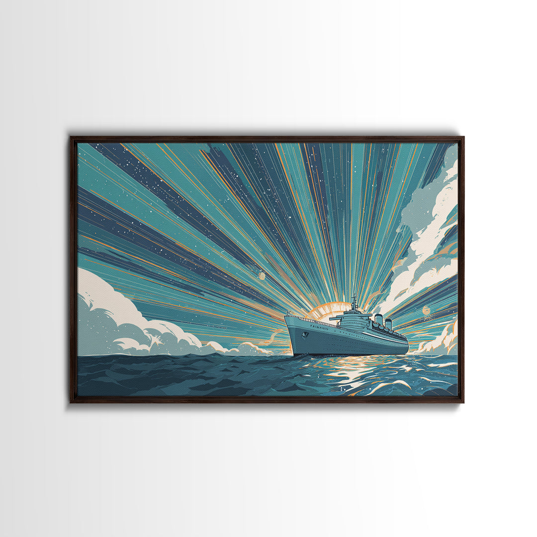 Ocean Liner Sunrise Ray Wall Art, Retro Travel Poster, Nautical Decor, Art Deco Cruise Ship Print, Coastal Living Room Decor