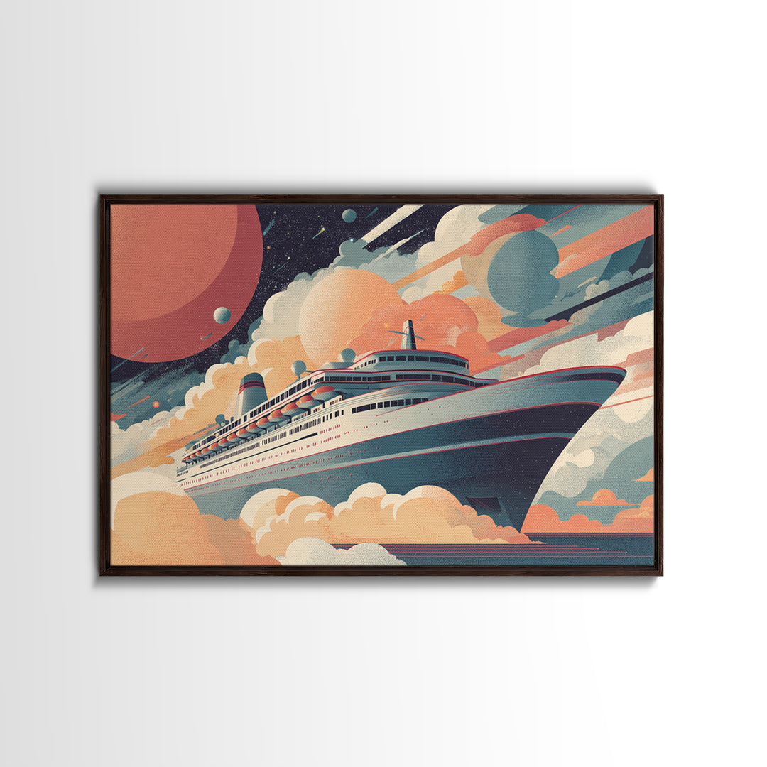 Space Cruise Ship With Planets Wall Art, Retro Sci Fi Poster, Mid Century Modern Decor, Celestial Travel Print, Cosmic Art