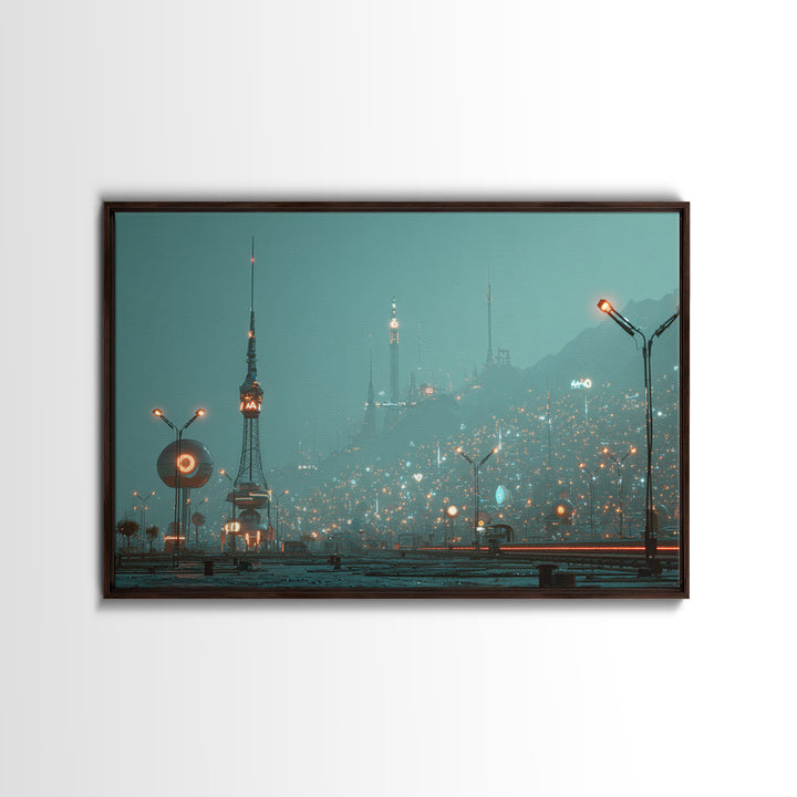 Foggy Futuristic Teal City Towers Wall Art, Midcentury Modern Sci Fi Skyline, Retro Urban Poster, MCM Office Decor, Modern Wall Decor