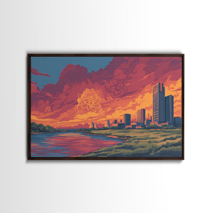 Red Cloud Atomic Waterfront Skyline Wall Art, Midcentury Modern Canvas Print, Retro Sci Fi Sunset Poster, Colorful Home Decor