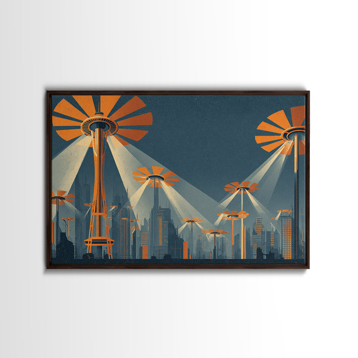 UFO Searchlight Future City Wall Art, Midcentury Modern Sci Fi Poster, Retro Space Needle Skyline, Orange MCM Decor, Modern Wall Decor