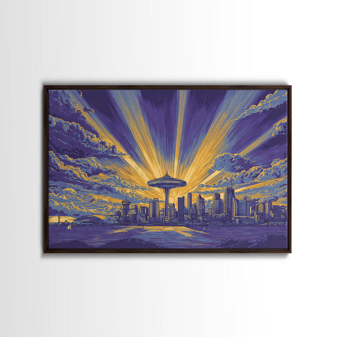 Seattle Space Needle Sunburst Wall Art, Midcentury Modern Canvas Print, Retro Skyline Poster, Purple Yellow MCM Home Decor