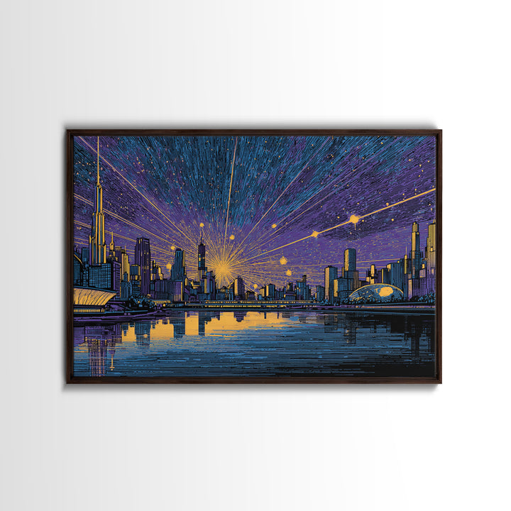 Futuristic Skyline Meteor Shower Wall Art, Midcentury Modern Sci Fi City Poster, Blue Gold Urban Decor, MCM Office Print