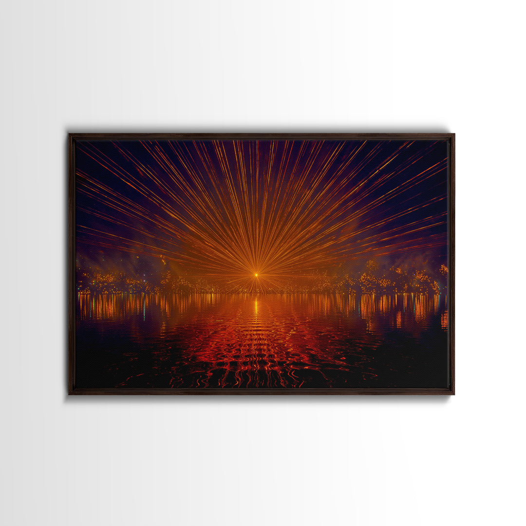 Orange Laser Sunset Over Water Wall Art, Modern Abstract Sci Fi Landscape, Retro Futuristic Poster, Large MCM Office Decor