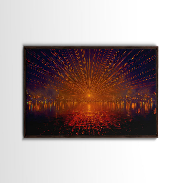 Orange Laser Sunset Over Water Wall Art, Modern Abstract Sci Fi Landscape, Retro Futuristic Poster, Large MCM Office Decor