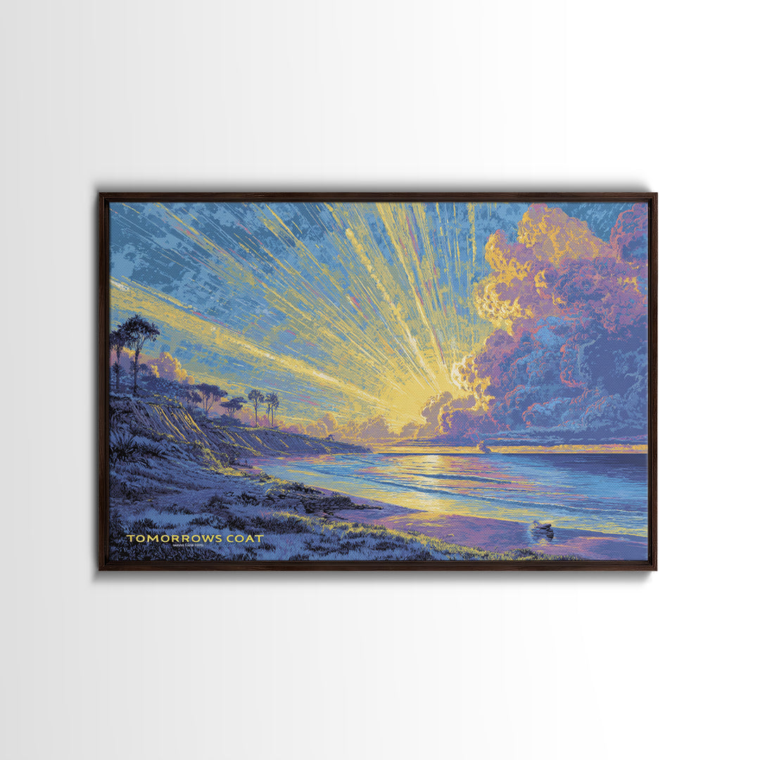 Radiant Coastal Sunset With Palm Trees Wall Art, Ocean Sunrise Landscape, Blue Yellow Beach Decor, Scenic Framed Canvas Print