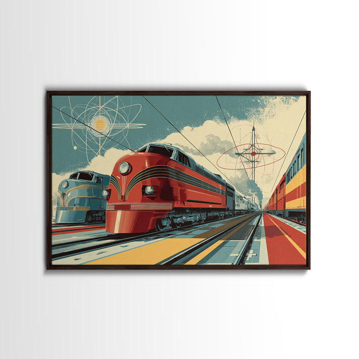 Red Streamliner Train Station Wall Art, Retro Futurism Poster, Mid Century Modern Decor, Atomic Railroad Print, Office Wall Decor