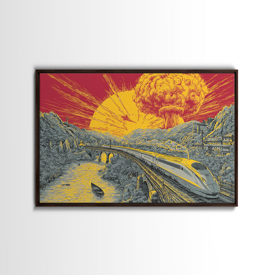 Nuclear Bullet Train Landscape Canvas Print, Apocalyptic Retro Poster, Sci Fi Wall Decor, Dramatic Yellow Art, Modern Wall Art