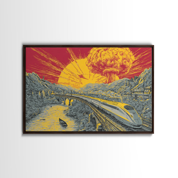 Nuclear Bullet Train Landscape Canvas Print, Apocalyptic Retro Poster, Sci Fi Wall Decor, Dramatic Yellow Art, Modern Wall Art