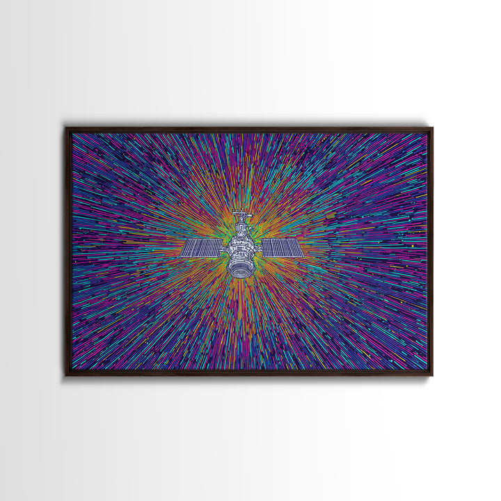 Warp Speed Satellite Explosion Wall Art, Colorful Space Abstract Poster, Sci Fi Retro Print, Modern Digital Art, Office Decor